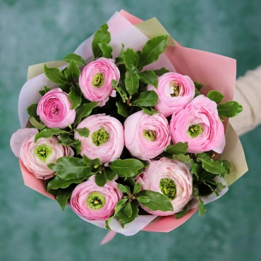 Розовые ранункулюсы с зеленью букет