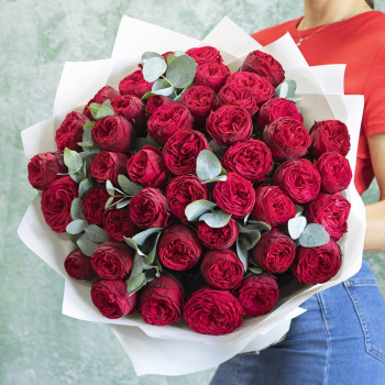 Большой букет пионовидных роз Ред Пиано