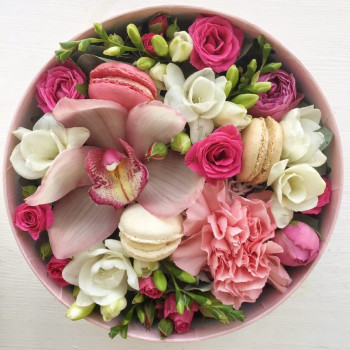 Круглая коробочка с цветами и пирожными