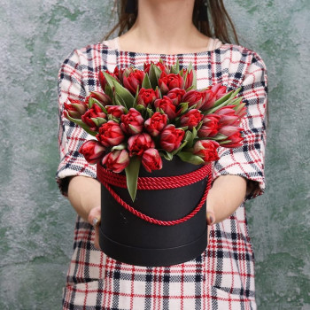 Красные махровые тюльпаны в чёрной коробочке